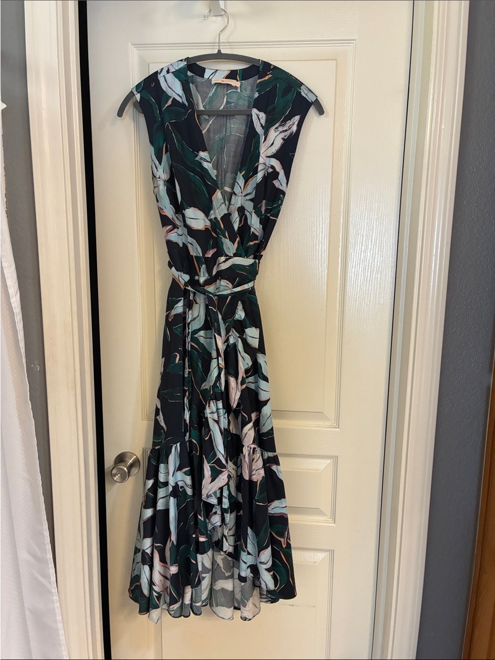 Tory Burch Black Floral Midi Wrap Dress with Green and Mint Leaves